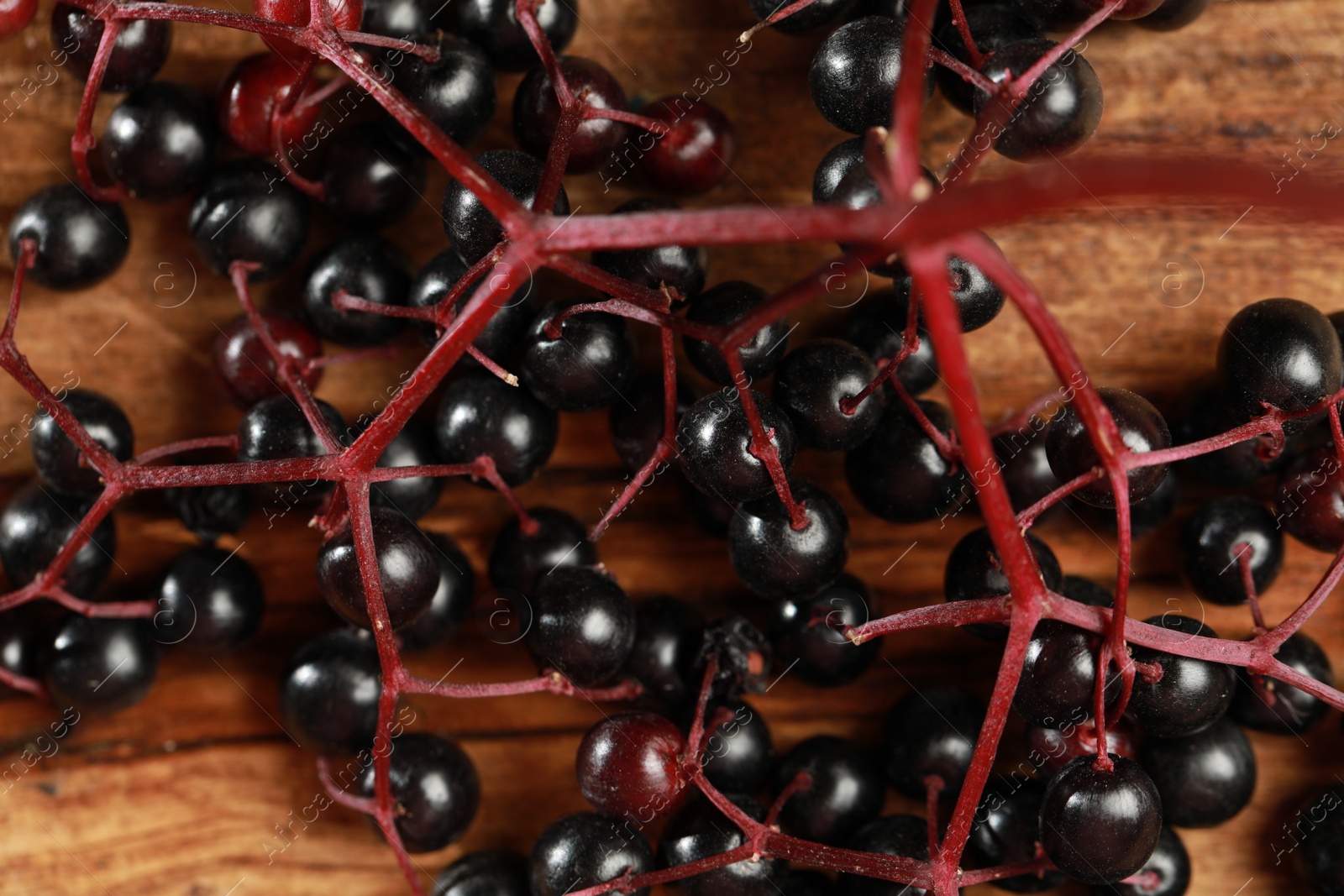 Photo of Black elderberries (Sambucus) on wooden table, top view