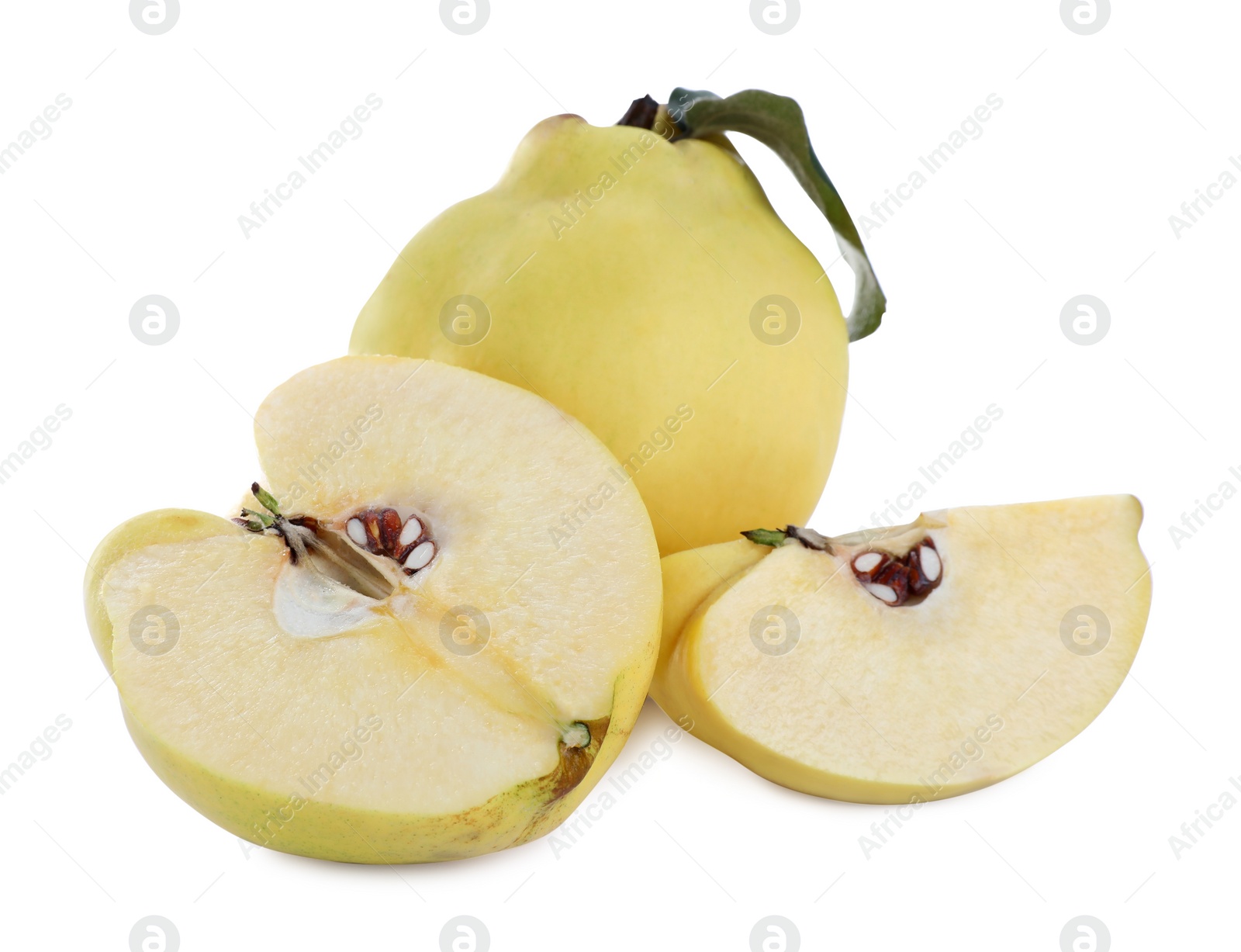 Photo of Delicious ripe fresh quinces on white background