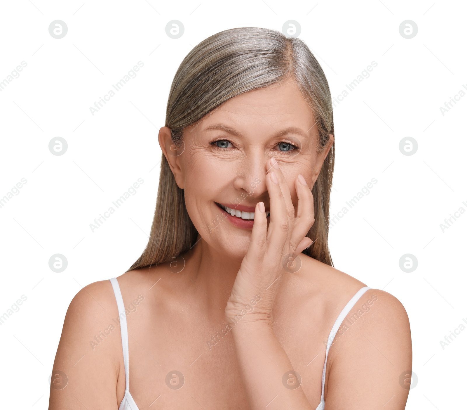 Photo of Beautiful mature woman with healthy skin on white background