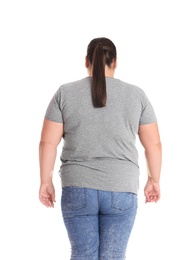 Photo of Overweight woman before weight loss on white background