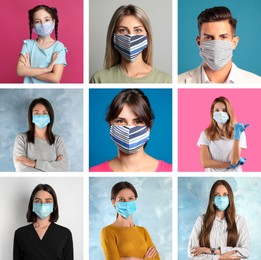 Collage with photos of people wearing protective face masks on different color backgrounds