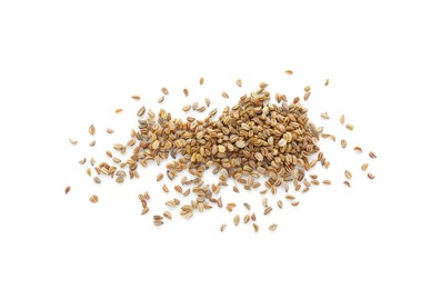 Photo of Pile of celery seeds isolated on white, top view