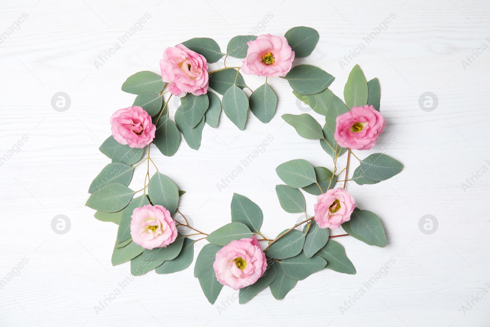 Photo of Fresh eucalyptus leaves with flowers and space for design on white wooden background, flat lay