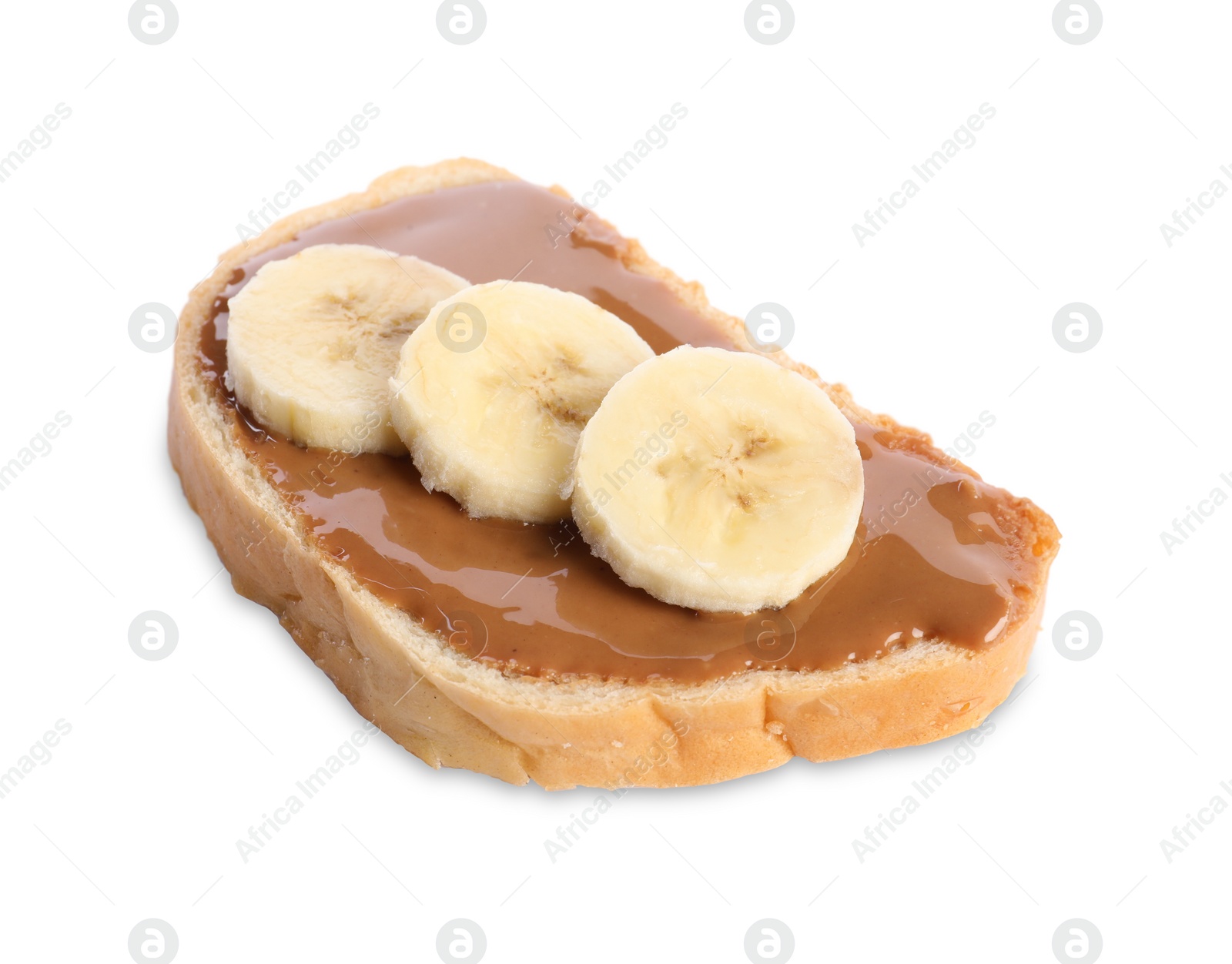 Photo of Toast with tasty nut butter and banana slices isolated on white