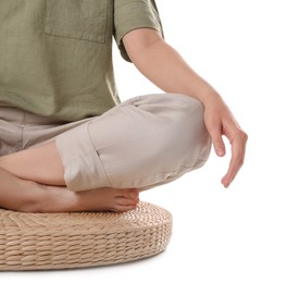 Woman meditating on white background, closeup view