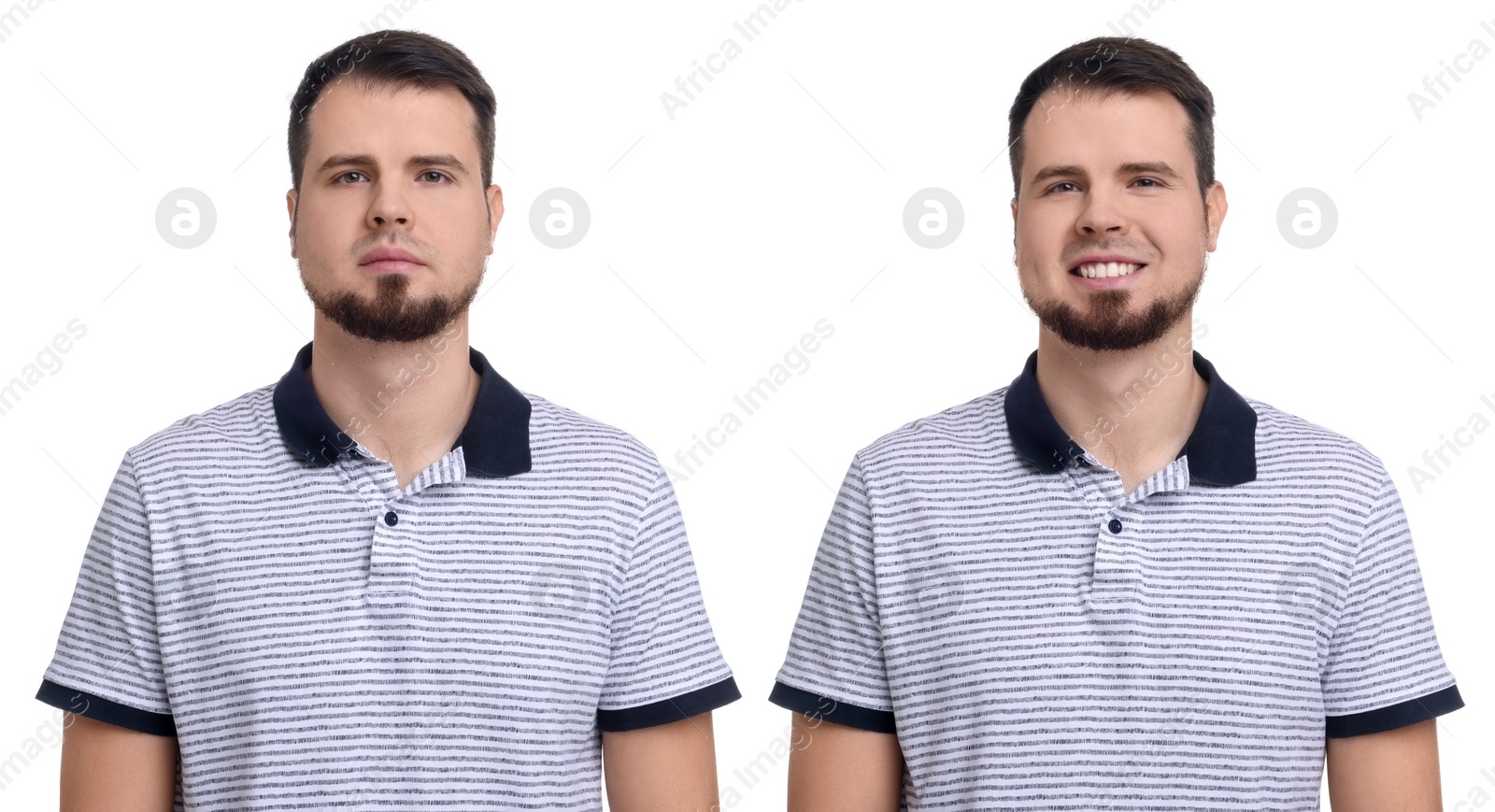 Image of Man showing different emotions on white background, collage