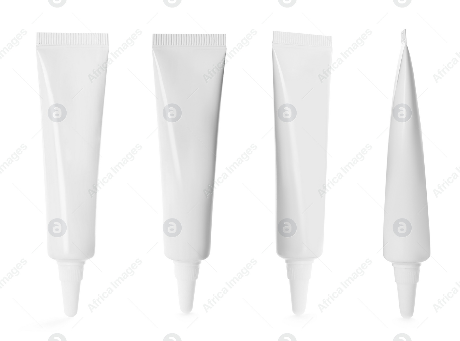 Image of Set with blank tubes of cosmetic products on white background. Mockup for design