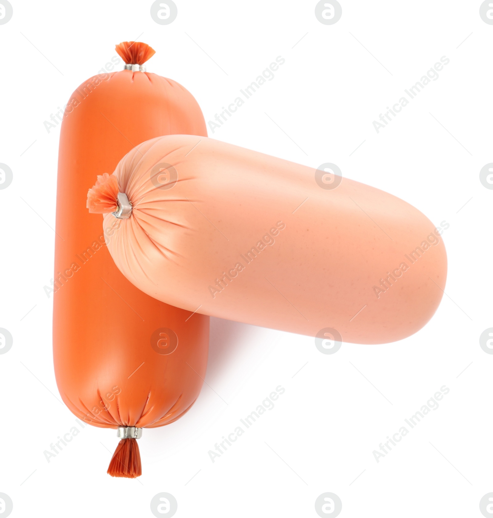 Photo of Different tasty boiled sausages on white background, top view