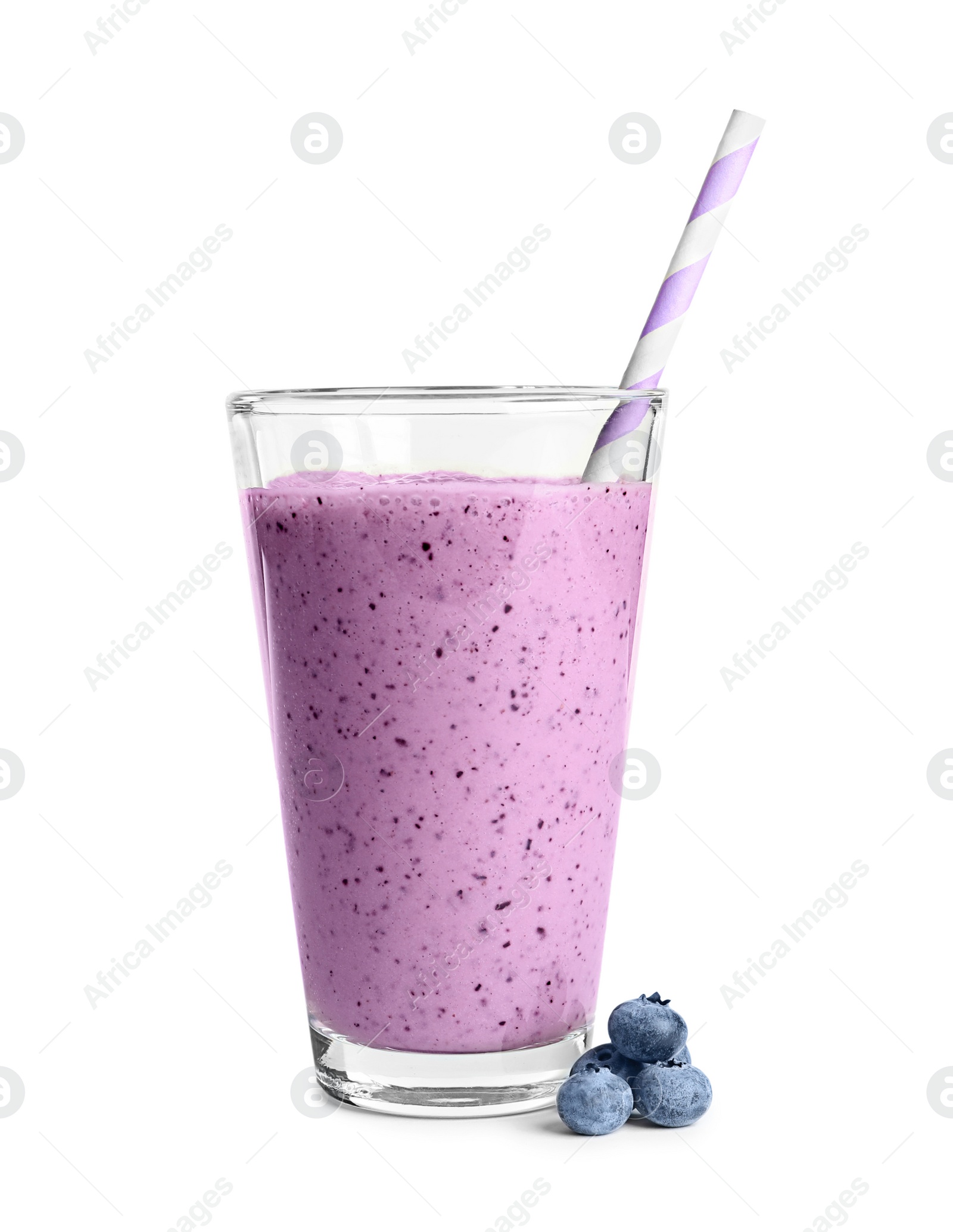 Photo of Tasty blueberry smoothie in glass on white background