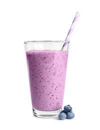 Photo of Tasty blueberry smoothie in glass on white background