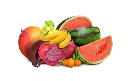 Image of Many different fresh fruits on white background