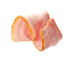 Photo of Slice of delicious smoked bacon isolated on white