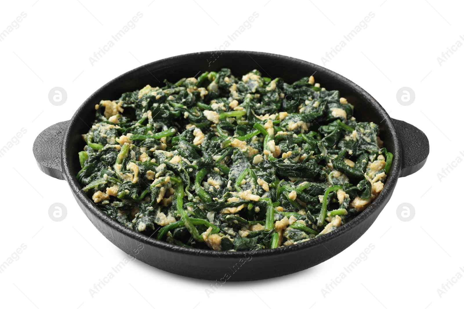 Photo of Tasty spinach dip with eggs in dish isolated on white