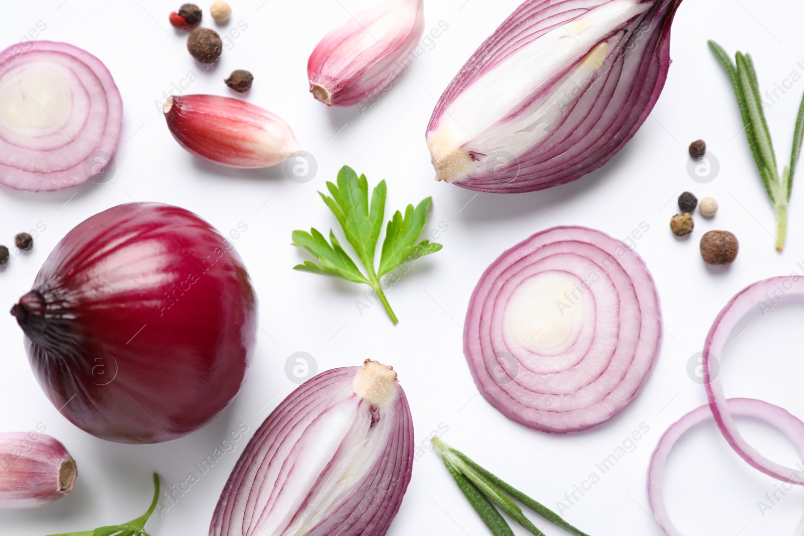 Photo of Flat lay composition with cut onion and spices on white background