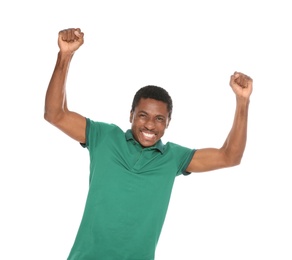 Photo of Portrait of emotional African-American man on white background