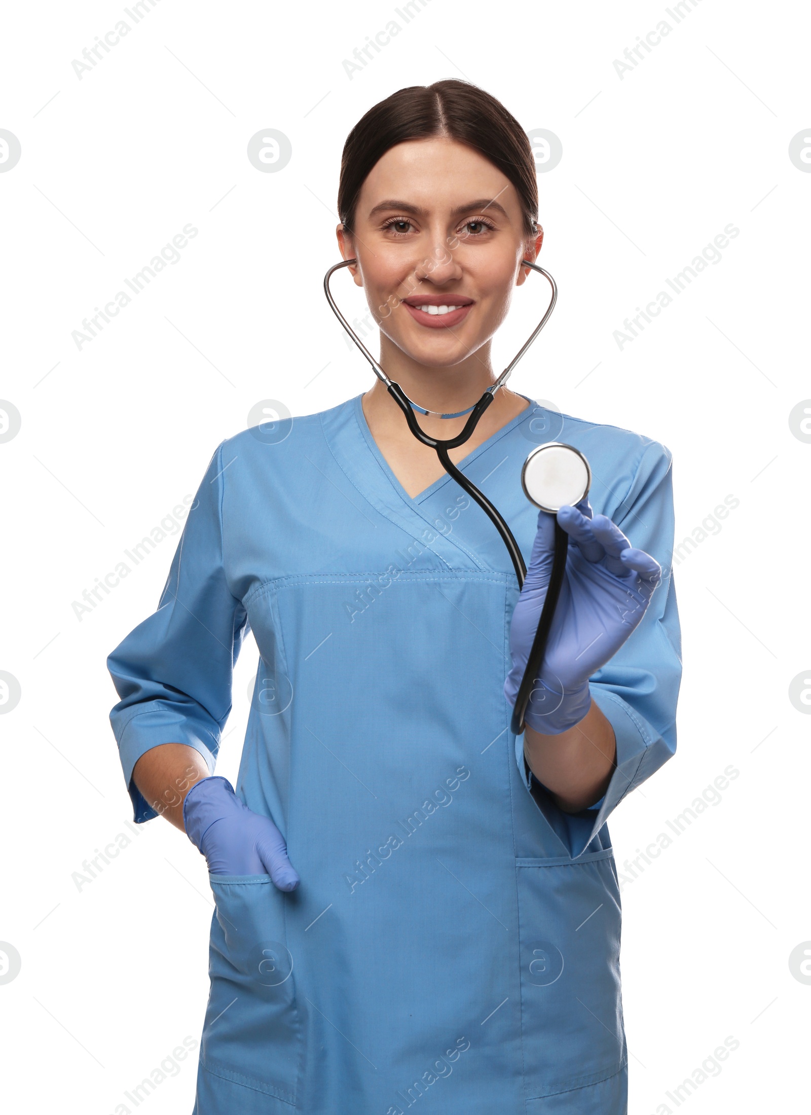 Photo of Doctor with stethoscope on white background. Cardiology concept