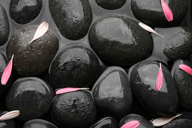 Photo of Spa stones with pink flower petals in water, top view. Zen lifestyle