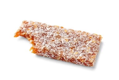 Grain cereal bar with desiccated coconut on white background. Healthy snack