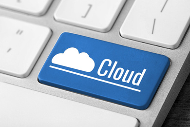 Image of Cloud technology. Modern computer keyboard, closeup view