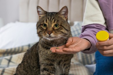 Photo of Woman giving pill to cute cat at home, closeup. Vitamins for animal