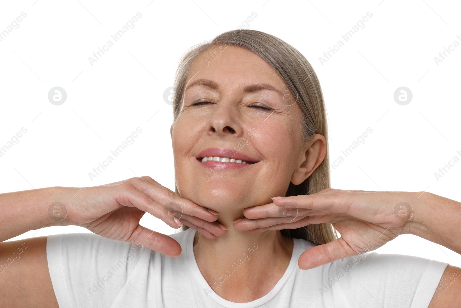 Photo of Beautiful woman touching her neck on white background