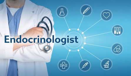 Image of Endocrinologist, word and scheme with icons on light blue background. Doctor with stethoscope, closeup