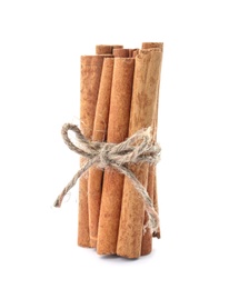 Tied cinnamon sticks on white background