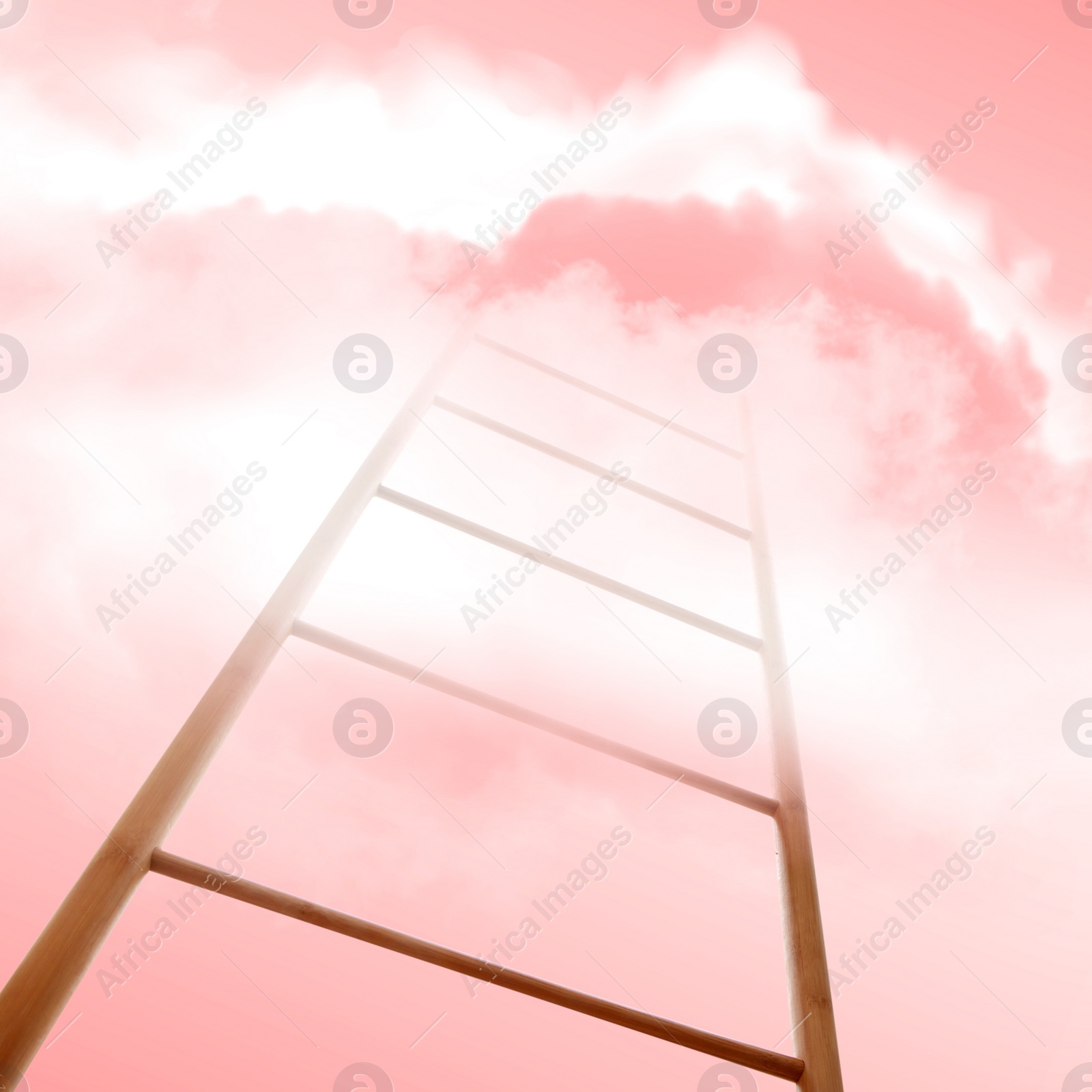 Image of Wooden ladder leading to clouds. Concept of growth and development