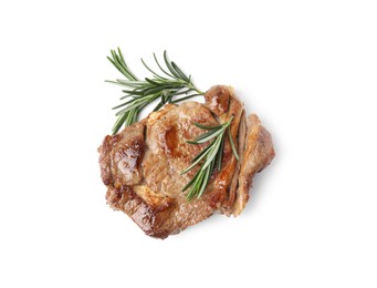 Delicious fried meat with rosemary on white background, top view