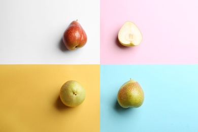 Ripe juicy pears on color background, flat lay