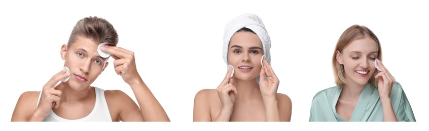 Image of People cleaning faces with cotton pads on white background, set of photos