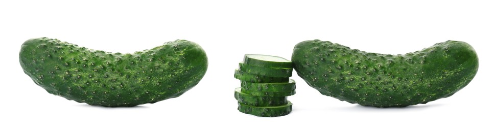 Image of Set with whole and cut ripe cucumbers on white background. Banner design