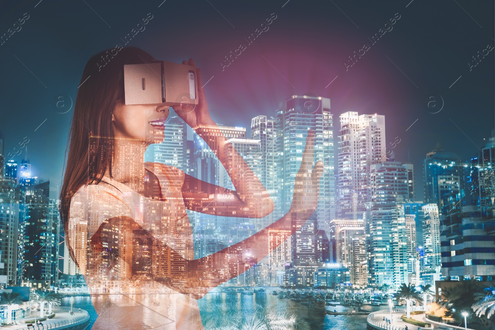 Image of Double exposure of woman using virtual reality headset and cityscape. Modern technology