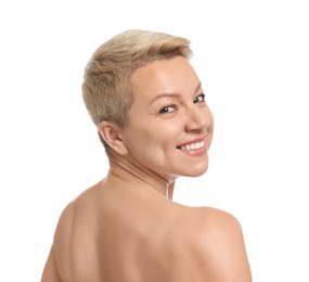 Mature woman with beautiful face on white background