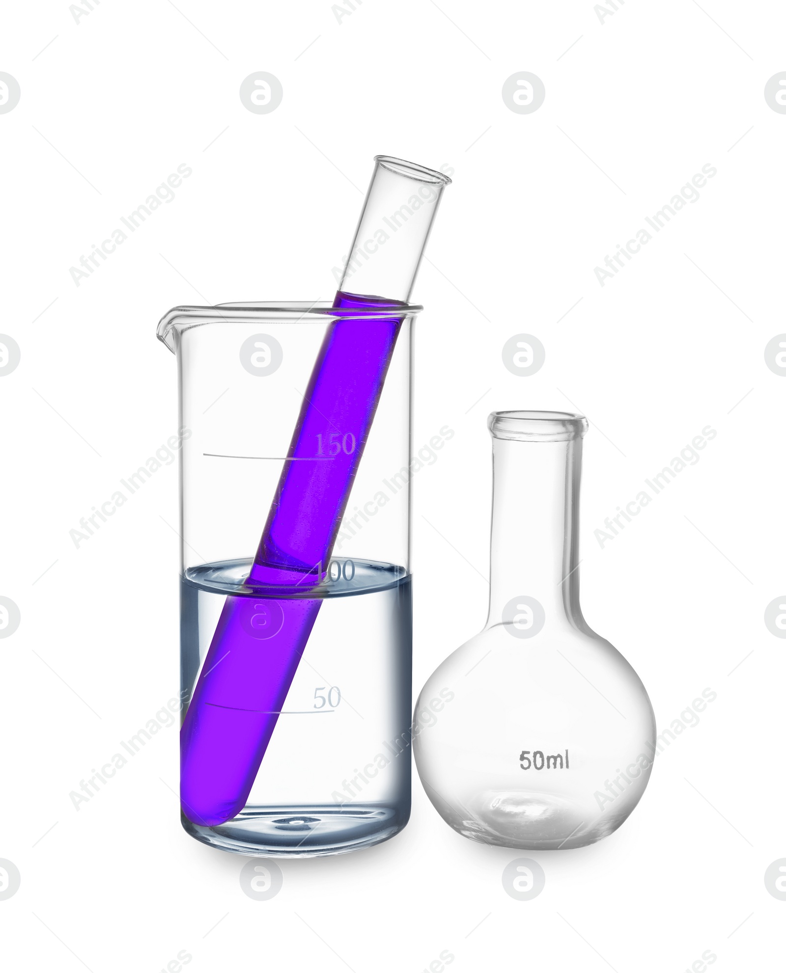 Image of Glass beaker, flask and test tube with purple liquid isolated on white