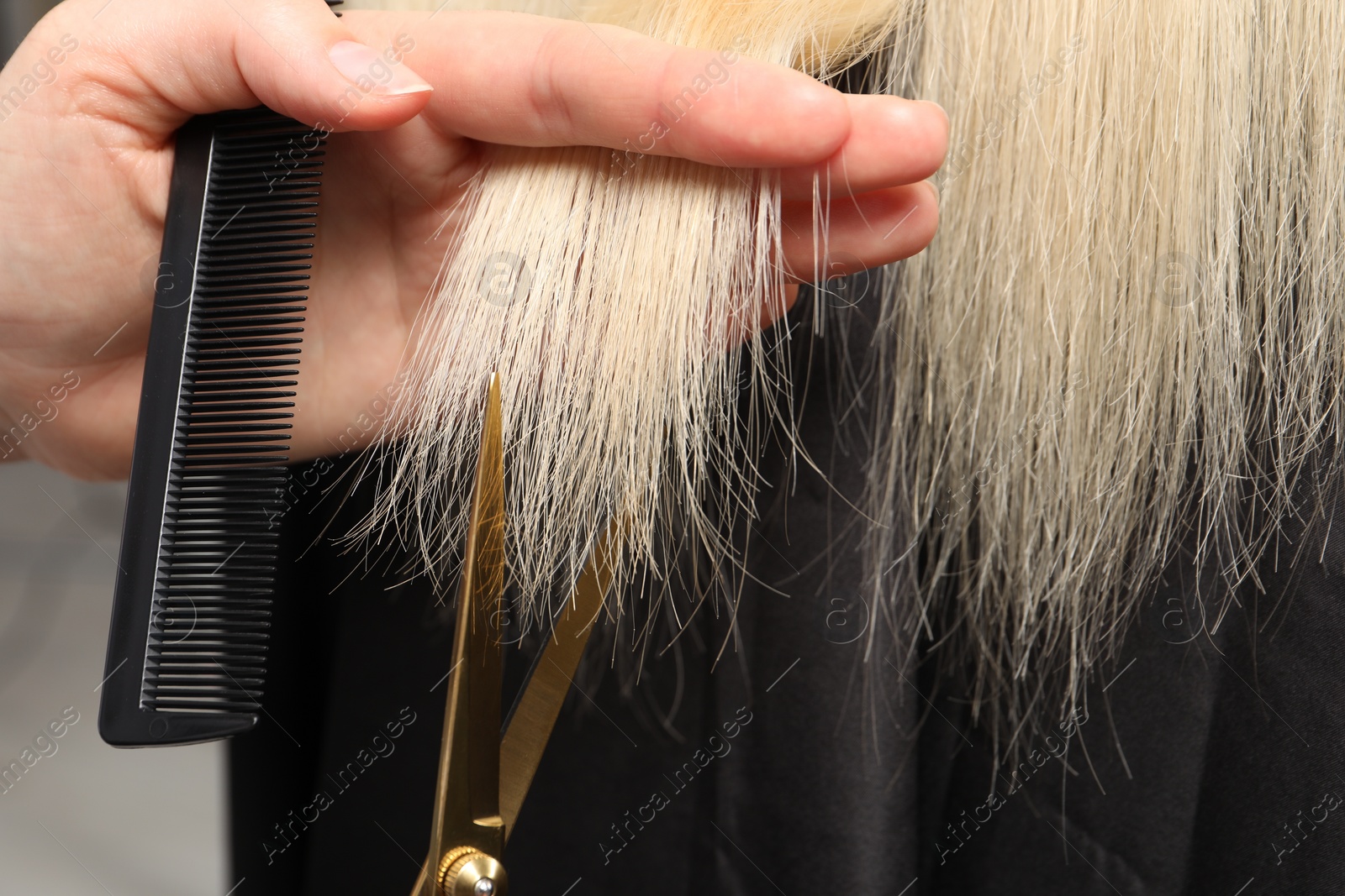 Photo of Hairdresser cutting client's hair with scissors in salon, closeup