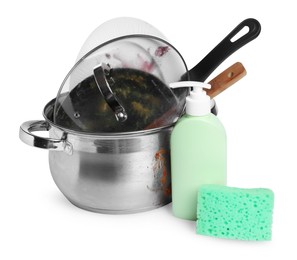 Photo of Stack of dirty kitchenware, dish detergent and sponge on white background