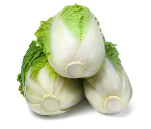 Photo of Fresh tasty Chinese cabbages on white background