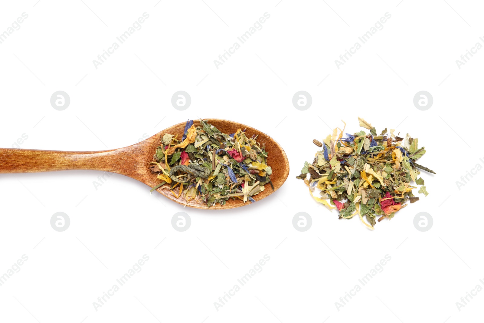 Photo of Wooden spoon with dry herbal tea on white background, top view
