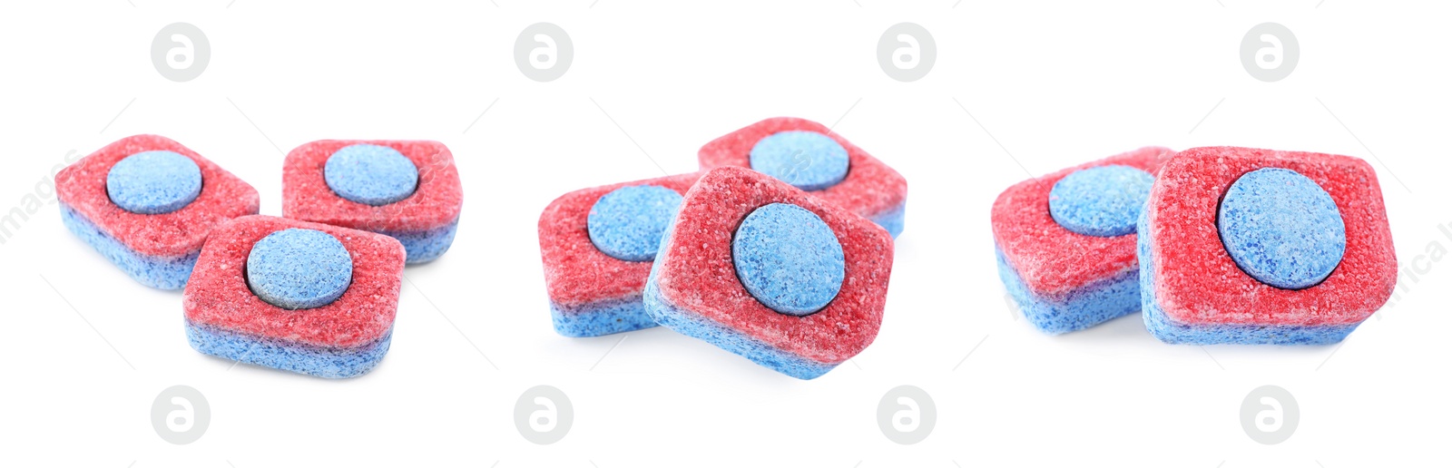 Image of Set with dishwasher detergent tablets on white background. Banner design