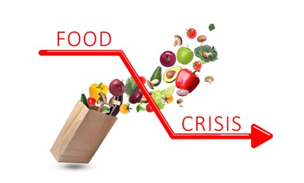 Image of Global food crisis concept. Kraft paper bag with different fruits, vegetables and decline graph on white background