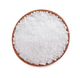 Photo of Wooden bowl with natural sea salt isolated on white, top view