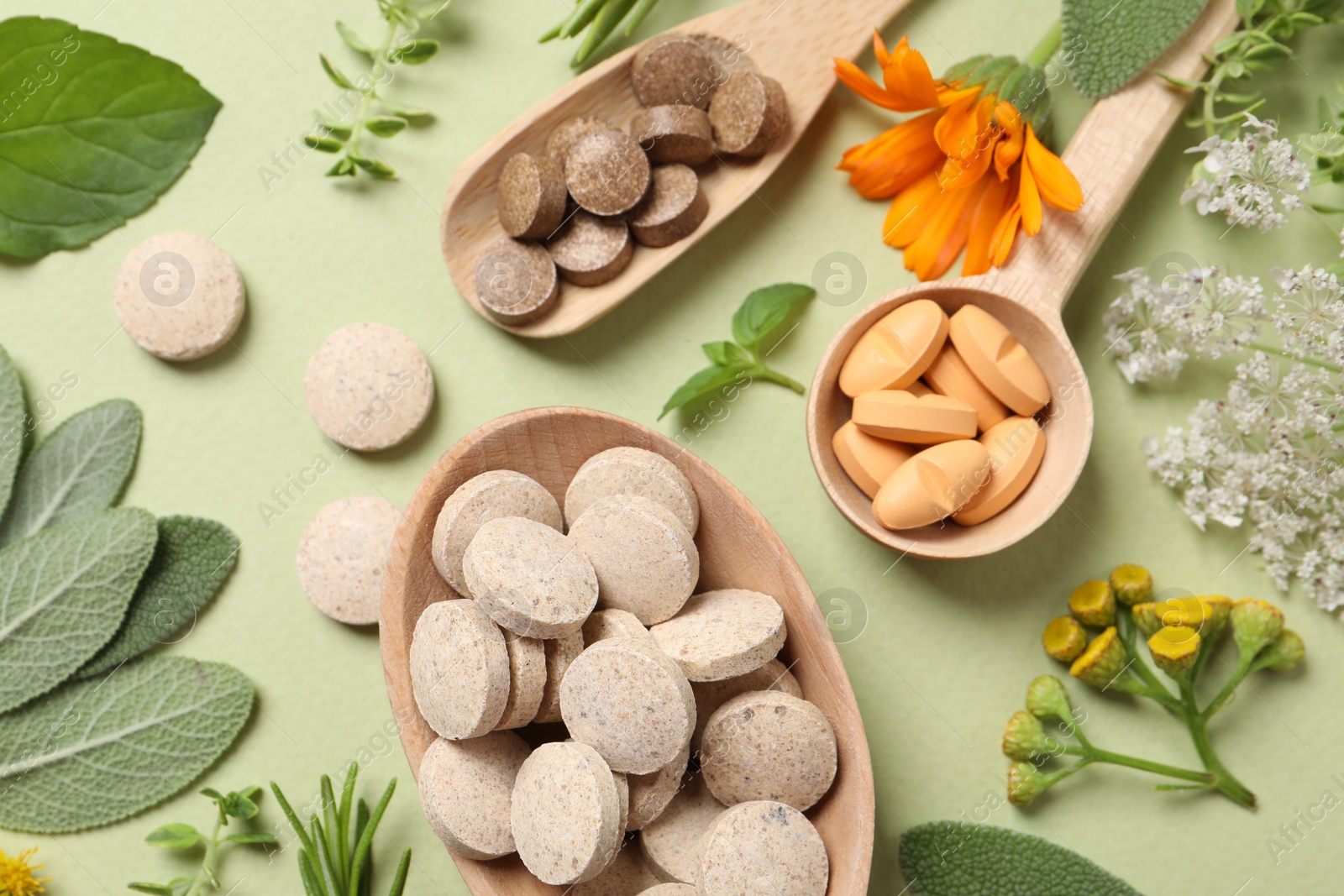 Photo of Different pills, herbs and flowers on light green background, flat lay. Dietary supplements