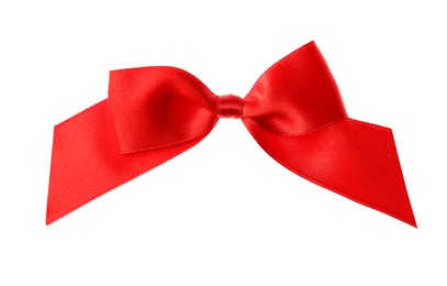 Photo of Red ribbon bow isolated on white. Festive decoration