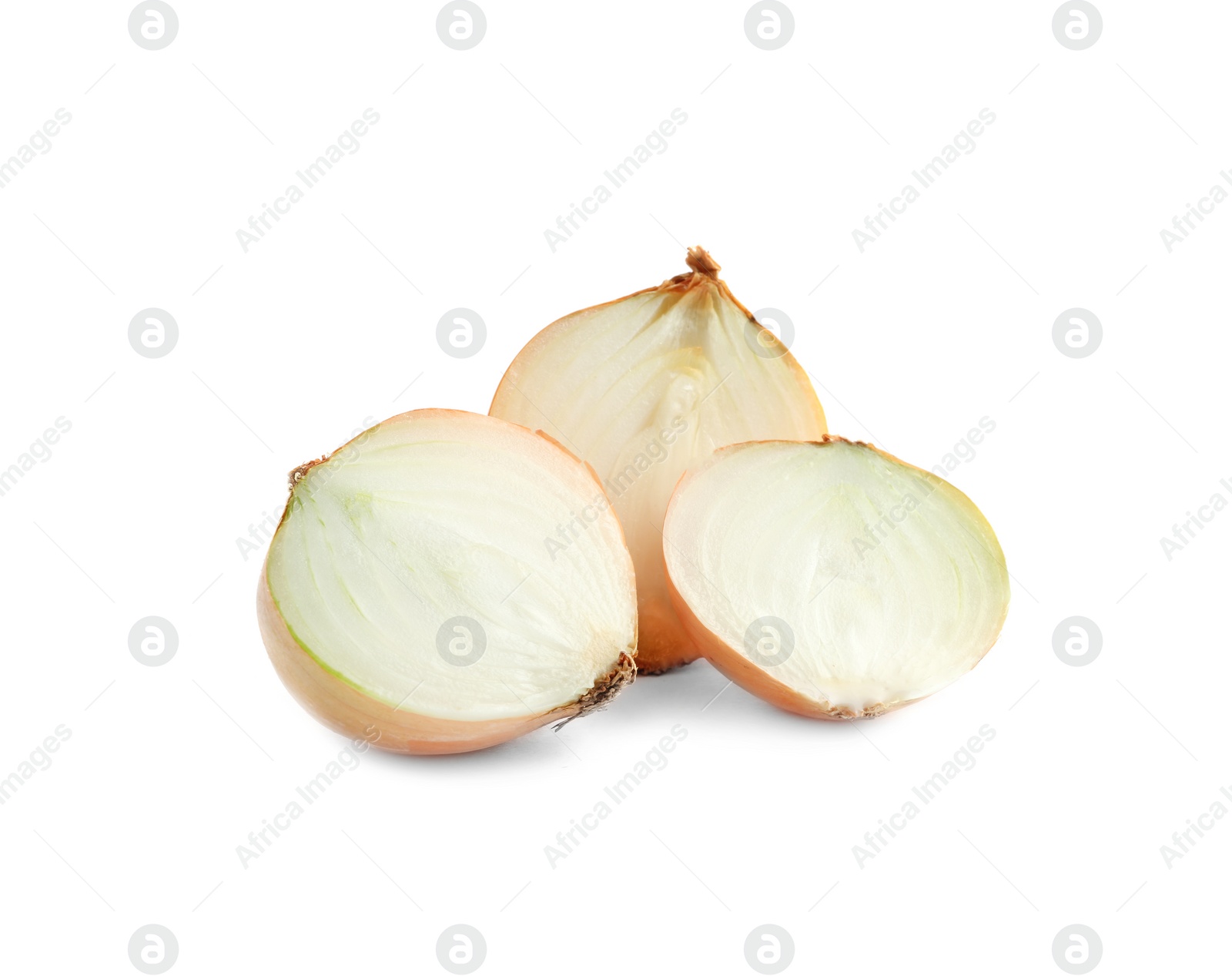 Photo of Slices of fresh ripe onion on white background