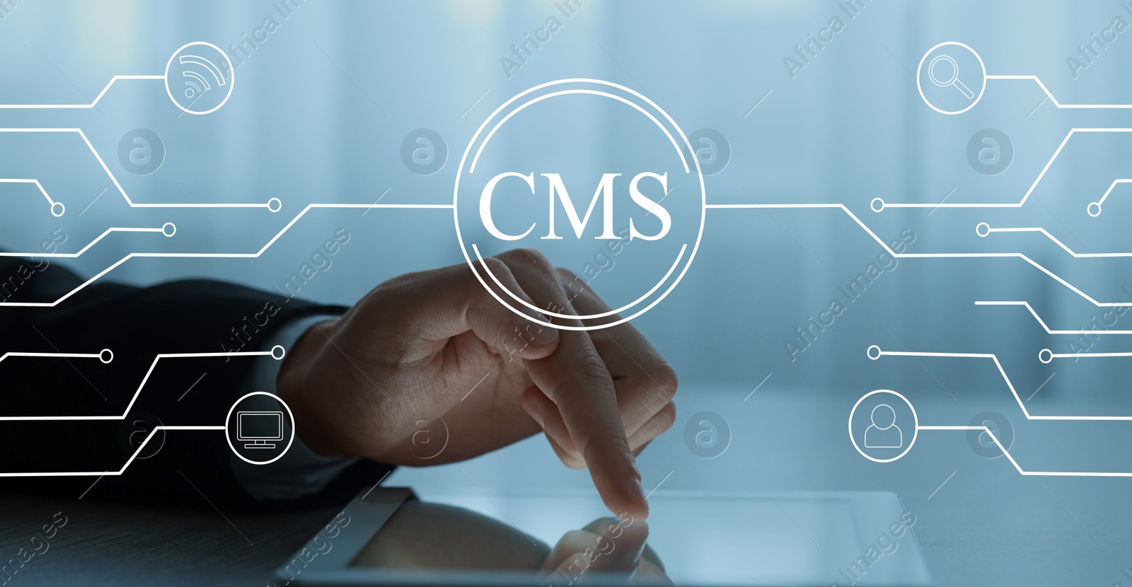 Image of CMS. Man using tablet at table, closeup. Scheme with icons over device