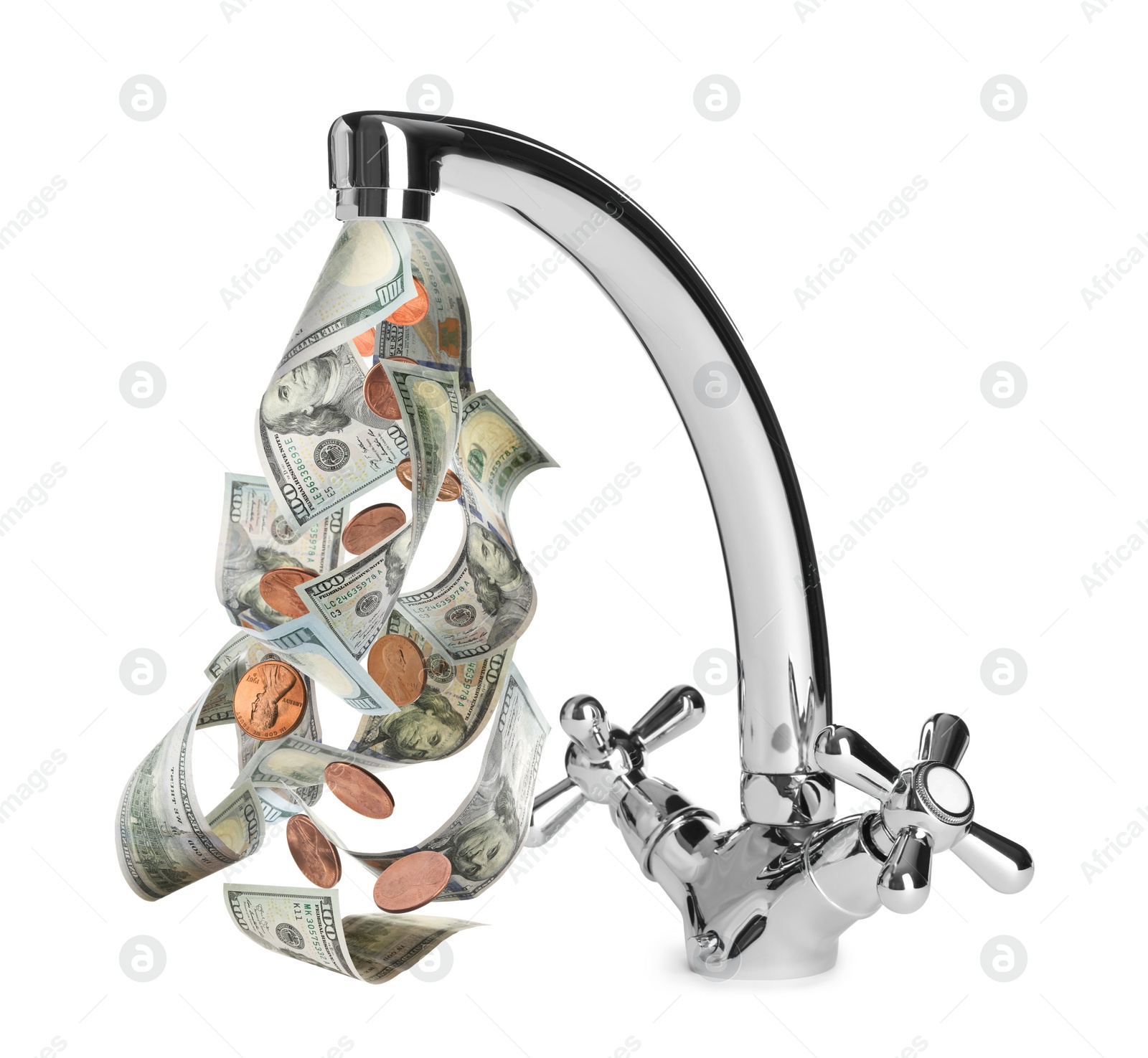 Image of Faucet and dollar banknotes with cent coins on white background