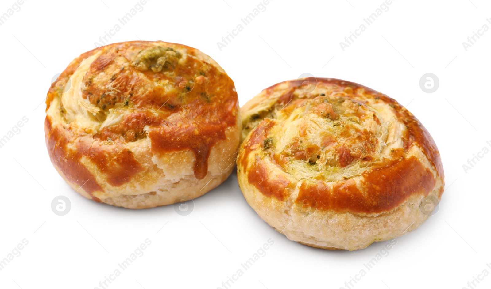 Photo of Fresh delicious puff pastry with tasty filling on white background