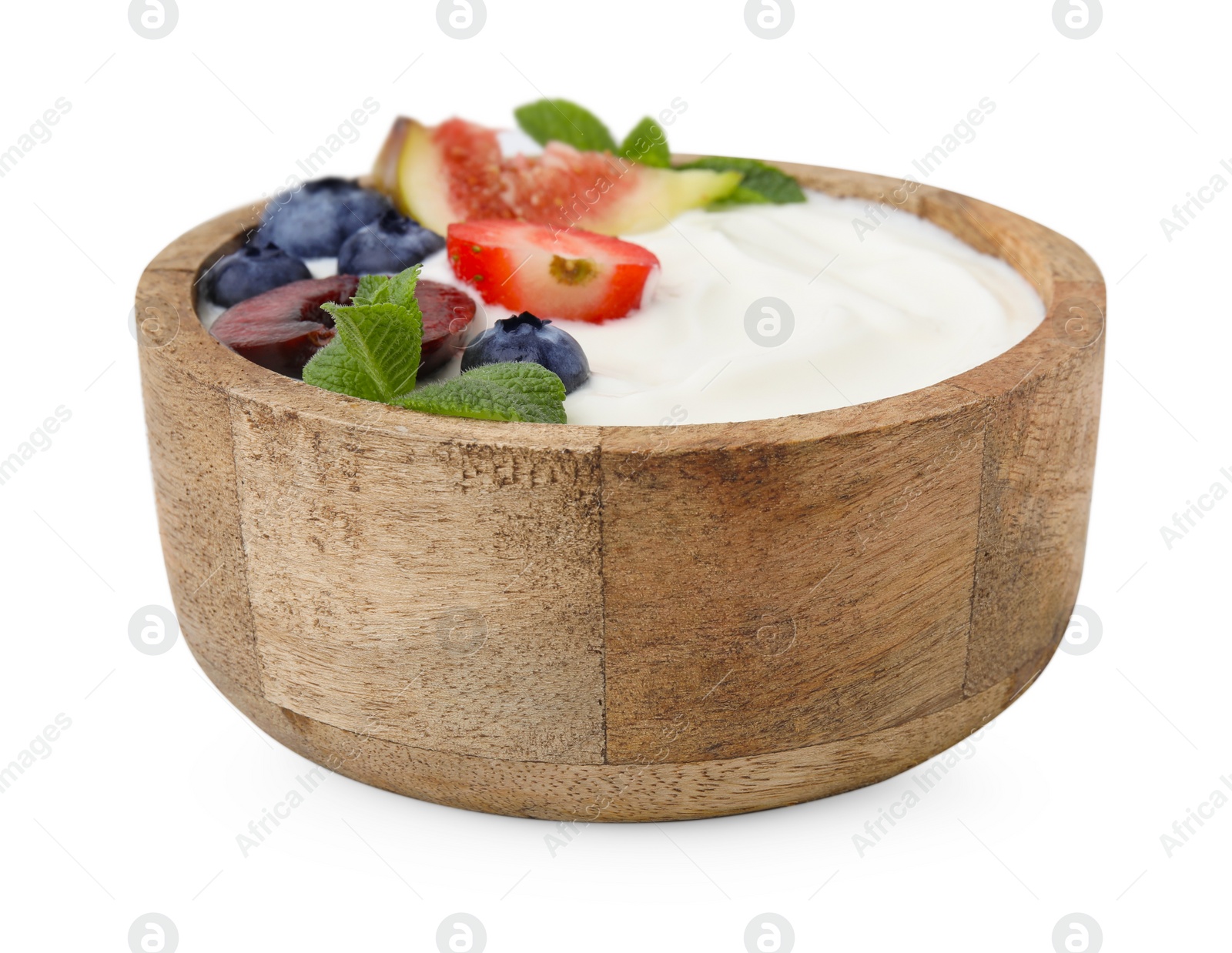 Photo of Bowl with yogurt, berries, fruits and mint isolated on white