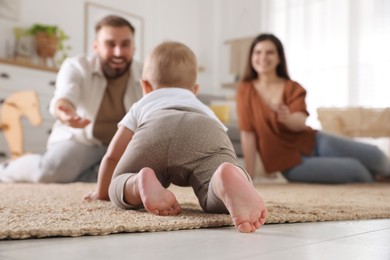 Happy parents watching their baby crawl on floor at home